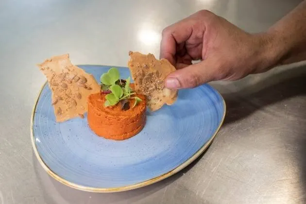 Paté de tomate y pimiento vegano, crujiente de quinoa, pipas y sésamo 