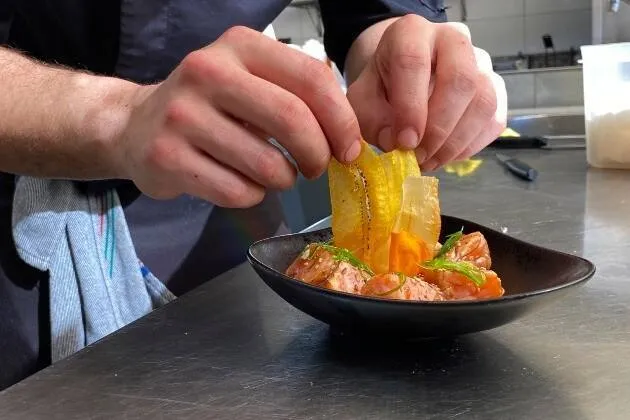 Dados de salmón marinado con hummus de remolacha y chips vegetales