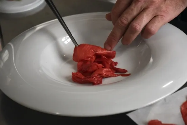 Ajo blanco de piñones con carpaccio de sandía y atún rojo marinado