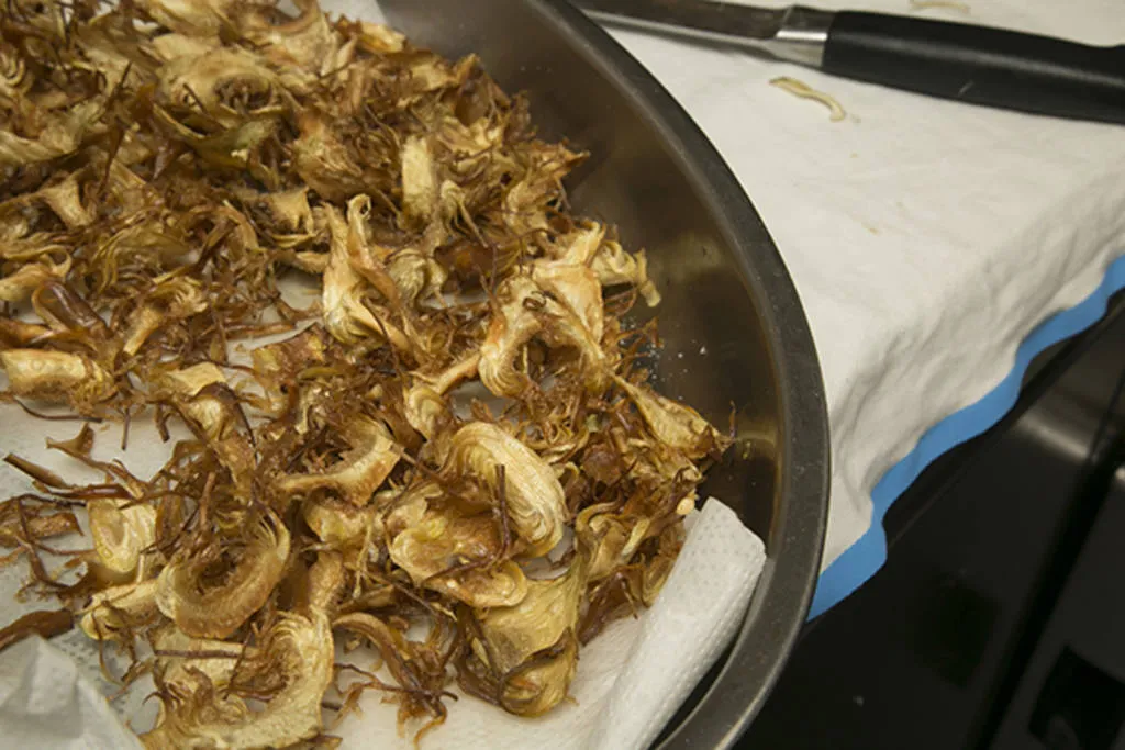 Tortilla abierta de chips de alcachofa, jamón ibérico y yema ahumada al romero