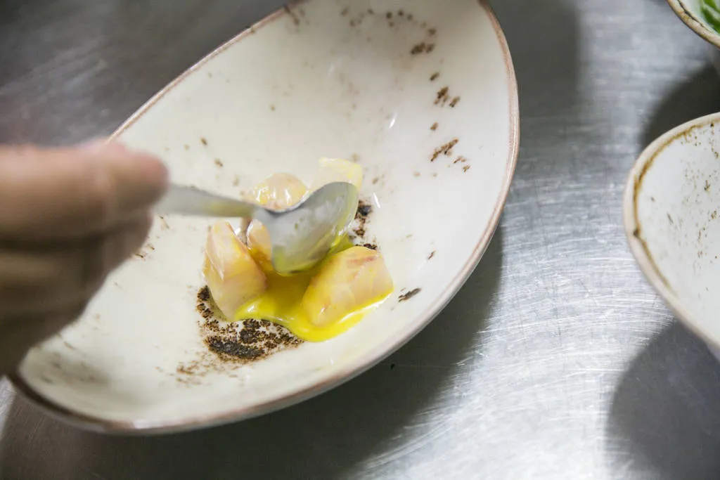 Ceviche de corvina con ají amarillo, aguacate y kikos 