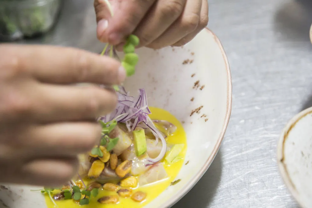 Ceviche de corvina con ají amarillo, aguacate y kikos 