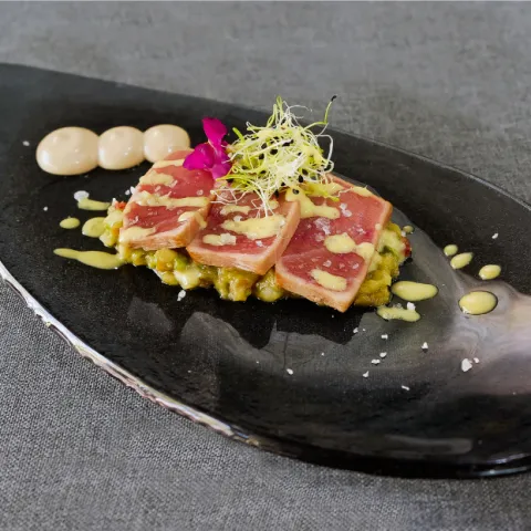 Tataki de atún sobre pipirrana de guacamole