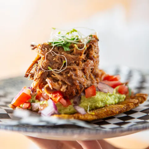 Tortita de plátano macho sobre guacamole y pulled pork, con pico de gallo, cilantro y brotes