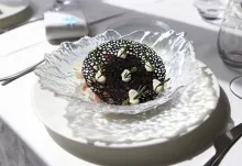 Tartar de lecha, arrecife de tinta, concassé de tomate, mahonesa de lima y salicornia