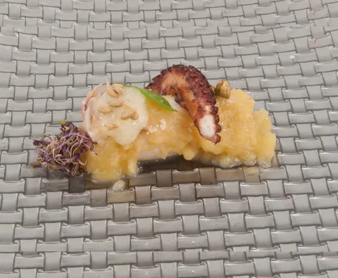 Manzana Gala, calamar, ricotta, pulpo, aire de gingebre y gelatina de cítricos.