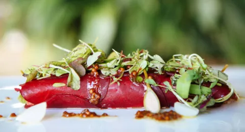 Receta de canelón de remolacha y tartar de ternera