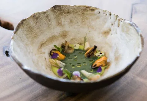 Sopa de nopal y pistacho verde con navajas, mejillones y caracoles de mar